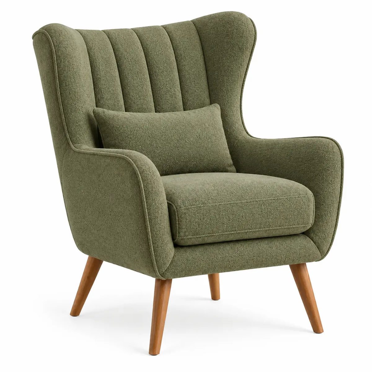 Sillón tapizado con acolchado acanalado y respaldo alto, verde y marrón