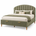 Estructura de cama con cabecero con acolchado acanalado y cajones, verde y marrón
