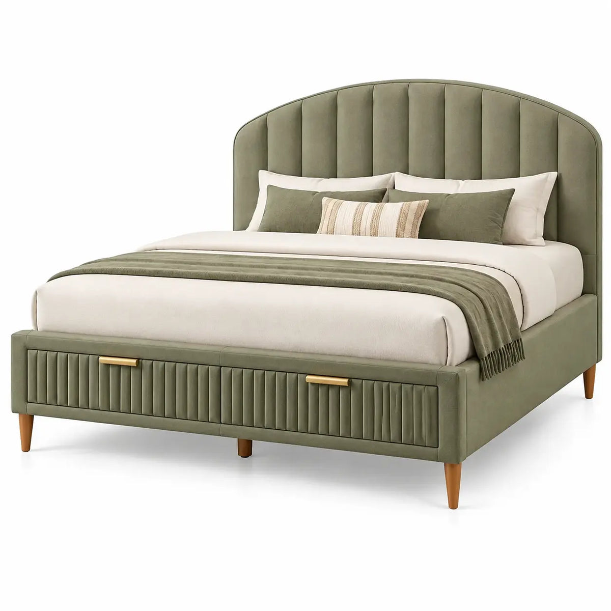 Estructura de cama con cabecero con acolchado acanalado y cajones, verde y marrón