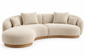 Sofá curvo tapizado de contorno redondeado, beige y marrón