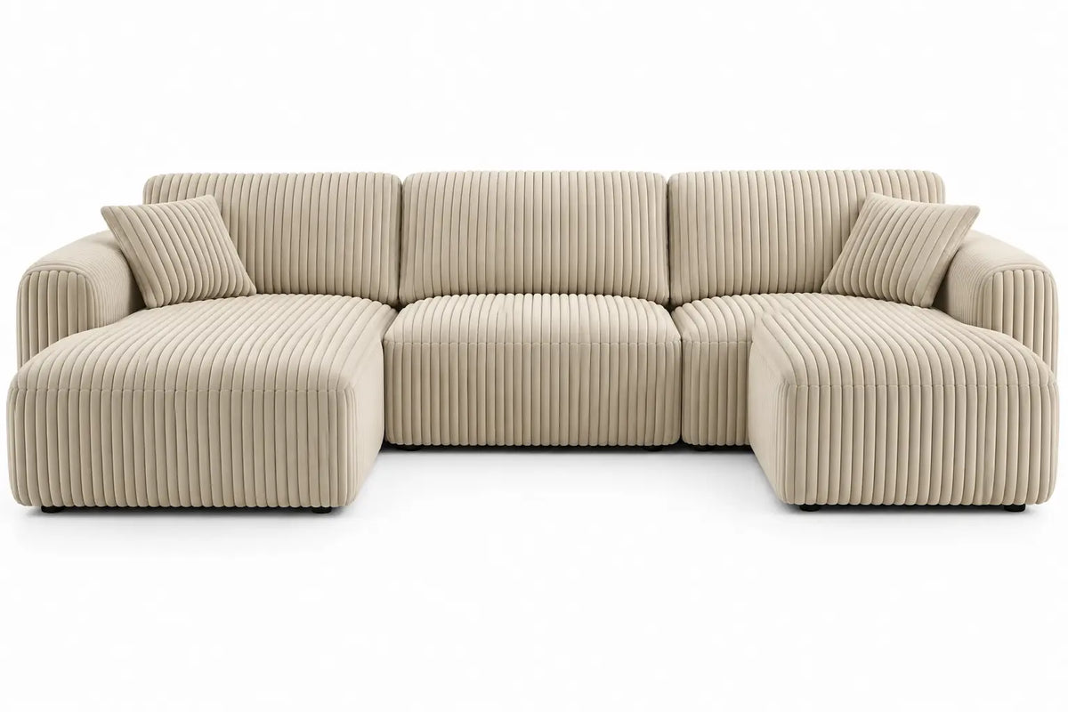 Sofá tapizado en U con detalles de líneas verticales, beige