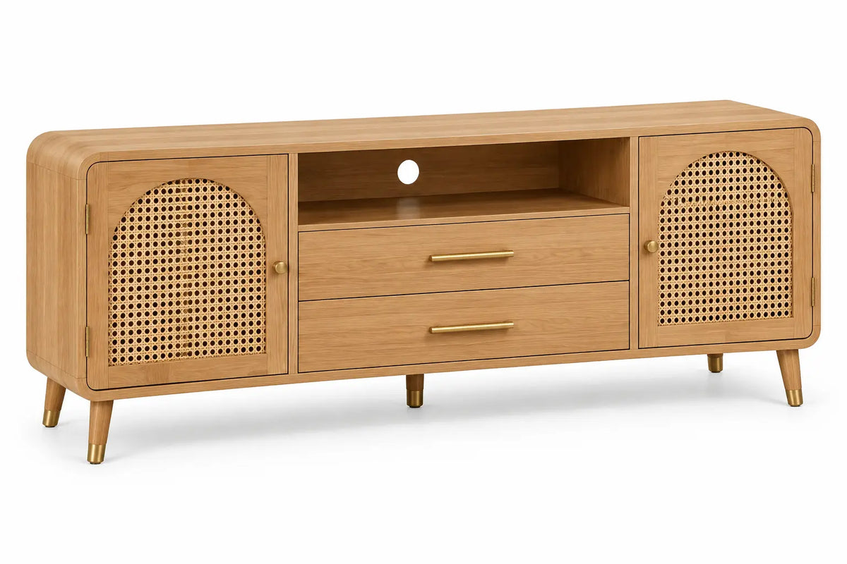 Mueble bajo para televisión con detalles de entramado y estantes, marrón