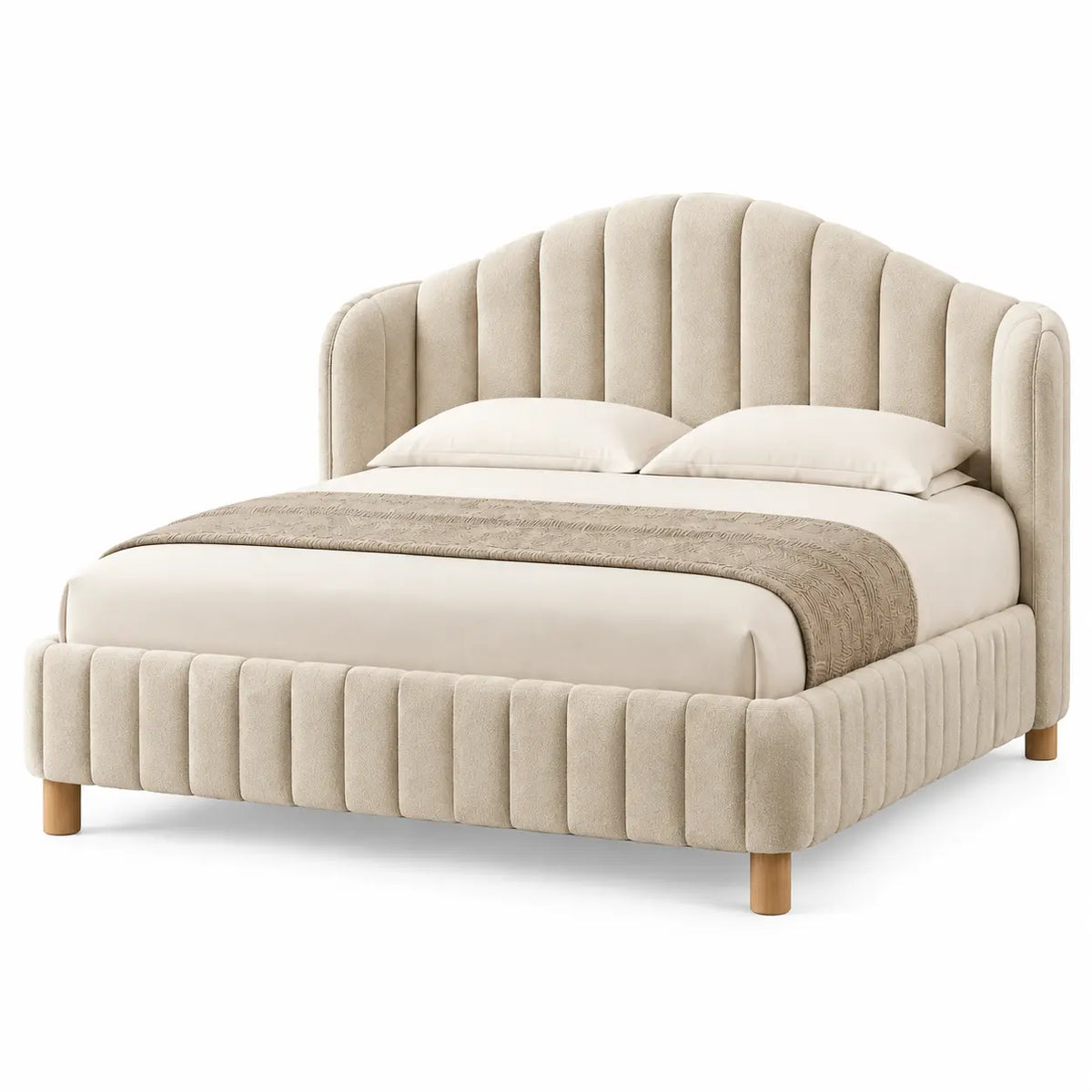 Estructura de cama con cabecero con acolchado acanalado, beige y marrón