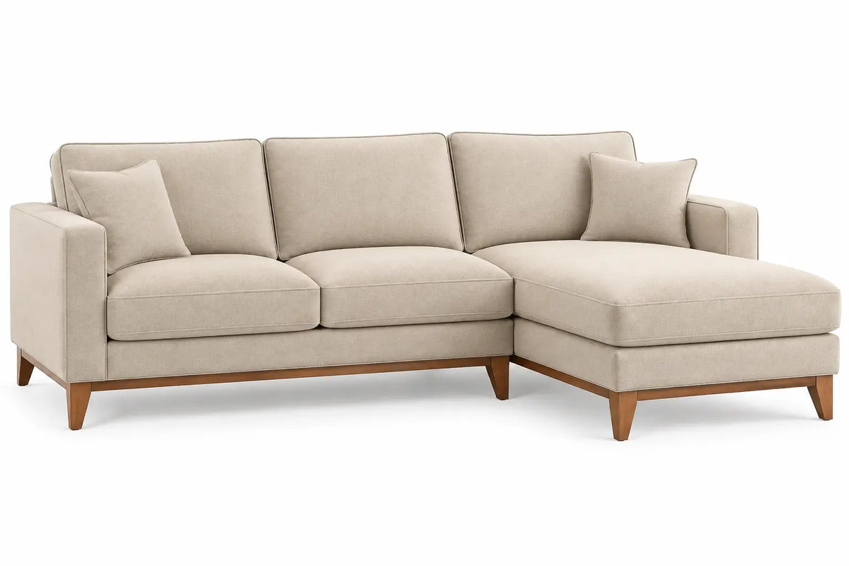 Sofá esquinero tapizado con patas elevadas, beige y marrón