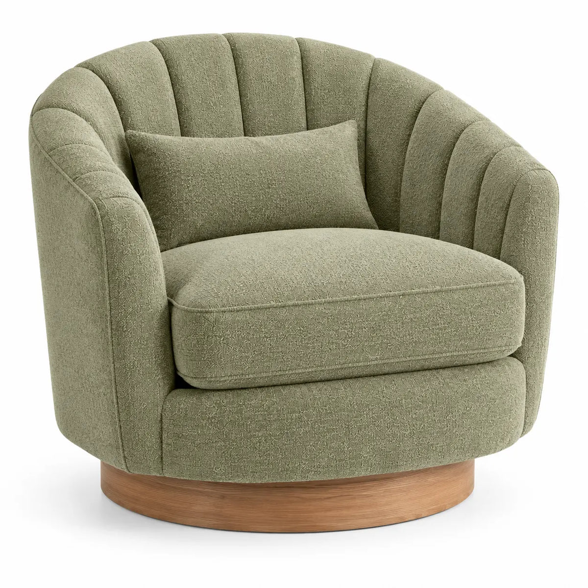 Sillón tapizado de líneas curvas con acolchado acanalado, verde y marrón