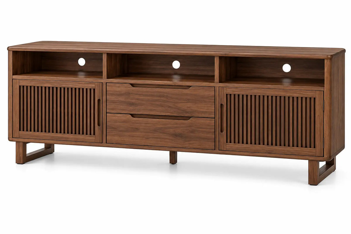 Mueble bajo para televisión con detalles de líneas verticales y estantes, marrón