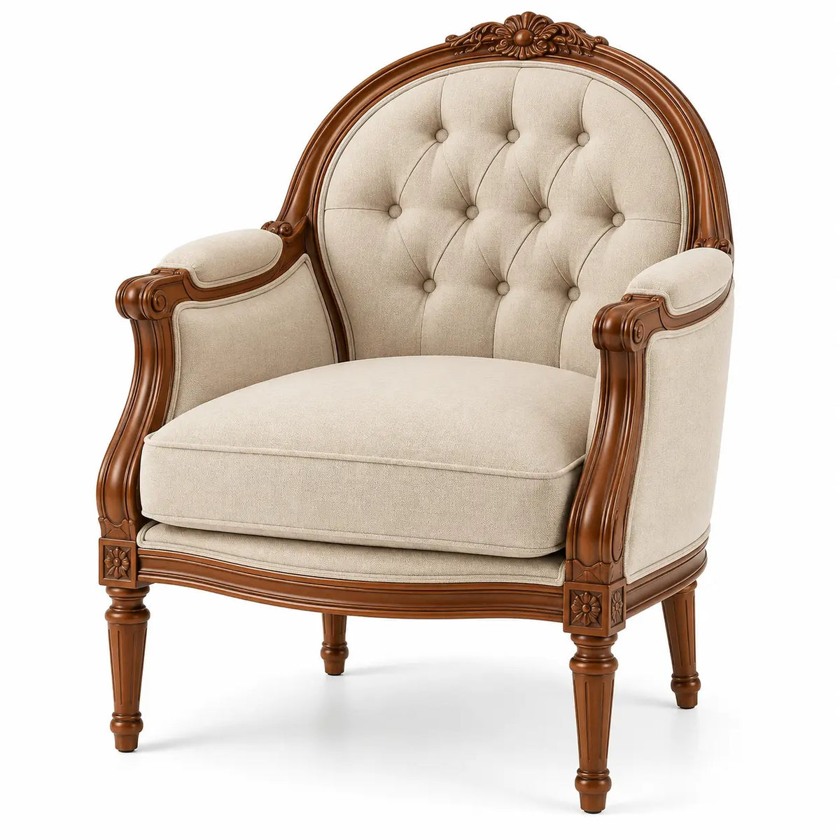 Sillón tapizado con botones decorativos, beige y marrón