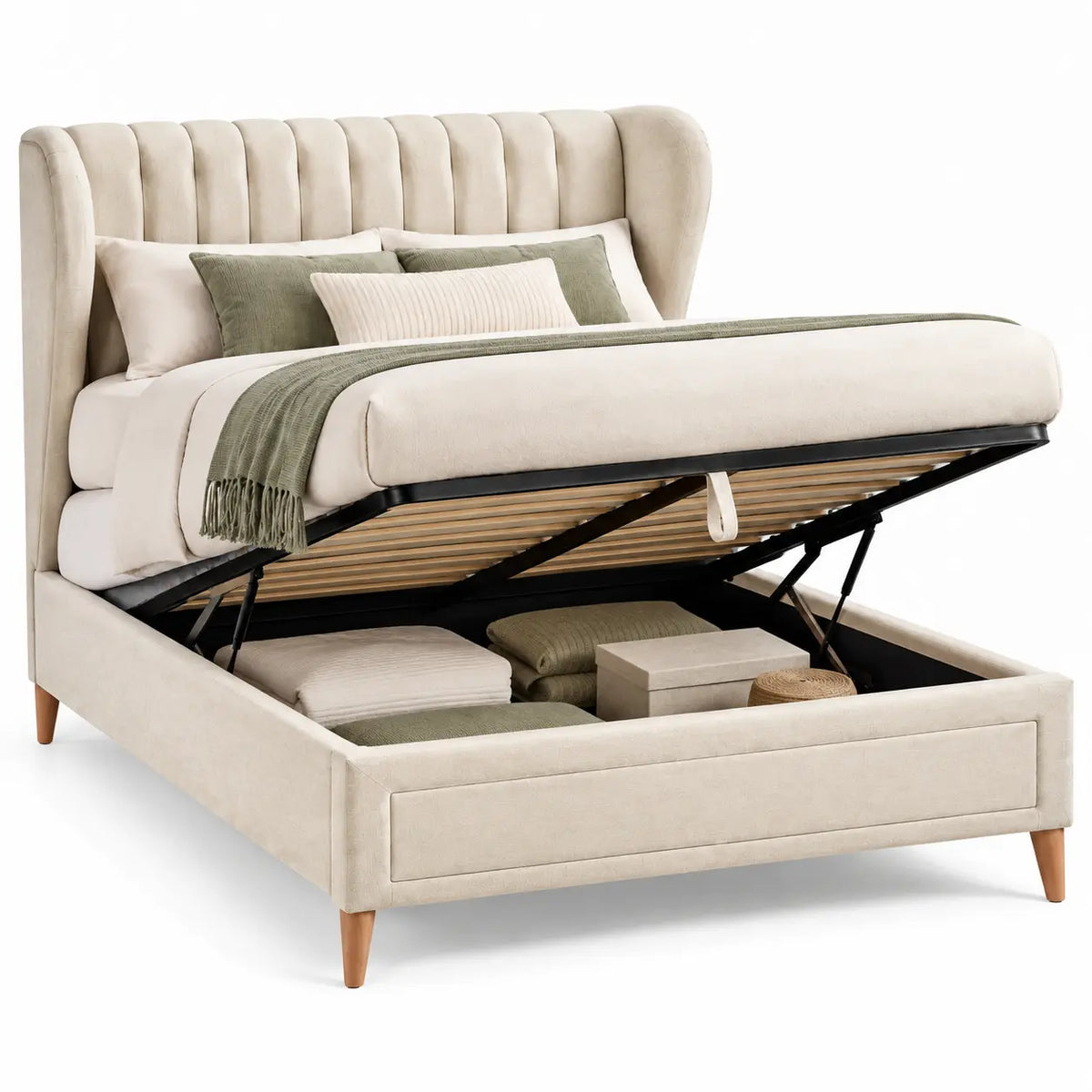 Estructura de cama con cabecero con base abatible y almacenamiento, beige