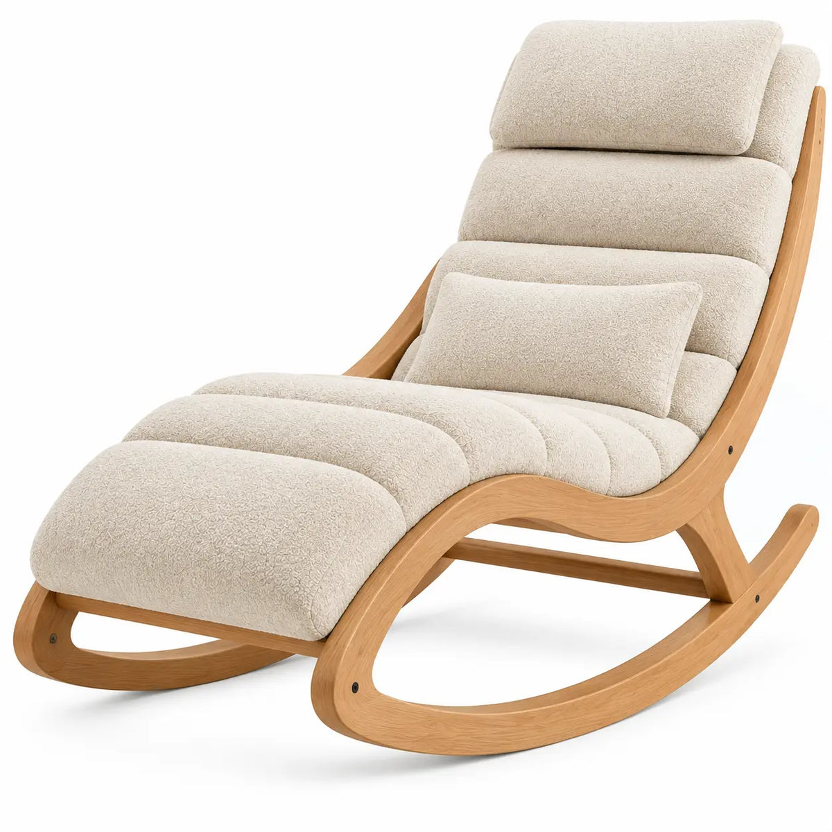 Mecedora con asiento alargado con respaldo alto, beige y marrón