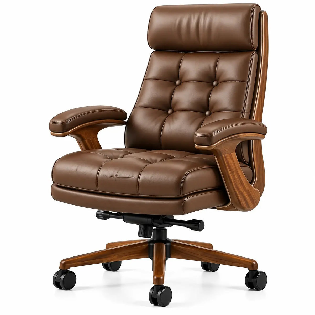 Silla de oficina con ruedas con botones decorativos y respaldo alto, marrón y negro